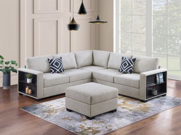 Contemporary Functional Sectional Sofa 4pc Set Beige Boucle Couch Loveseat w Built-in Shelfs Wedge Contemporary Functional Sectional Sofa 4pc Set Beige Boucle Couch Loveseat w Built-in Shelfs Wedge