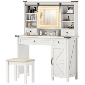 Vanity Desk Set with Mirror and Lights, Cushioned Stool, Storage Drawer, Cabinet, Shelves for Bedroom, White Vanity Desk Set with Mirror and Lights, Cushioned Stool, Storage Drawer, Cabinet, Shelves for Bedroom, White